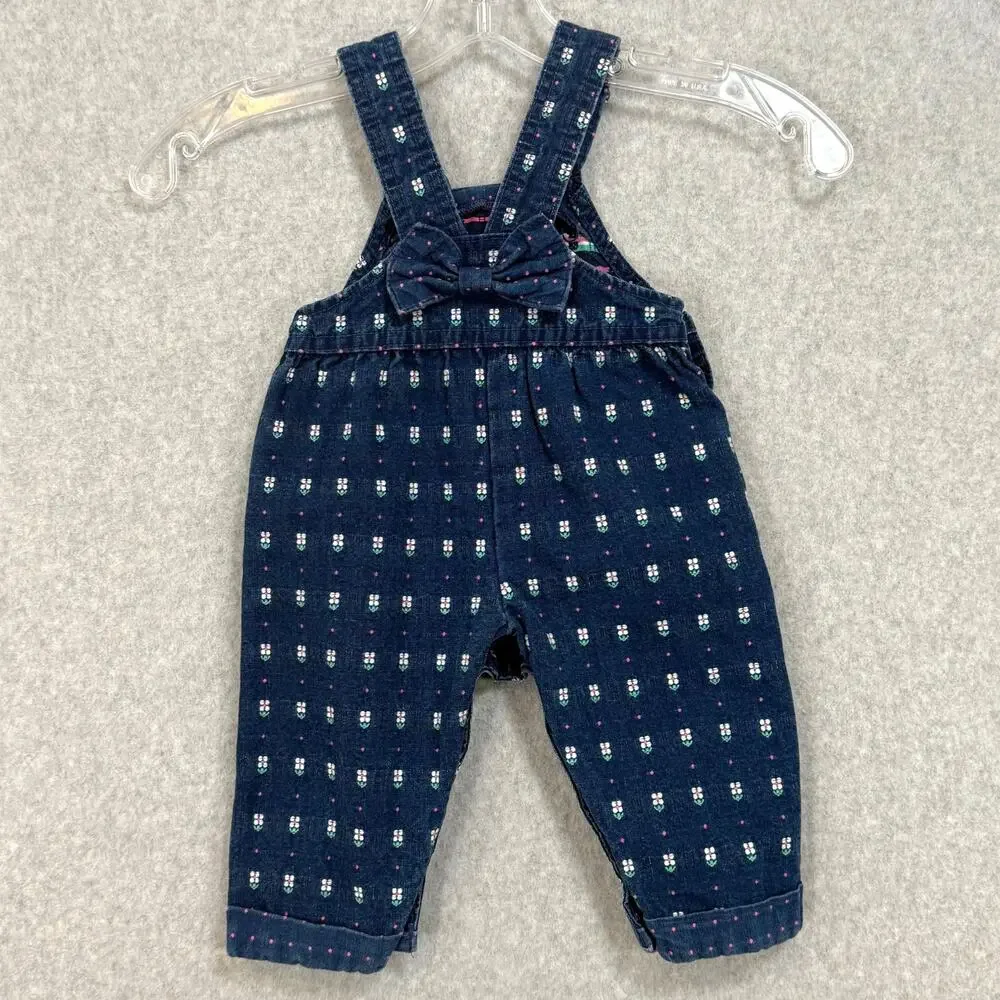 Vtg 90s OshKosh Bgosh Floral Vestbak Overalls Bow Back Size 6/9 Mo USA UGWA